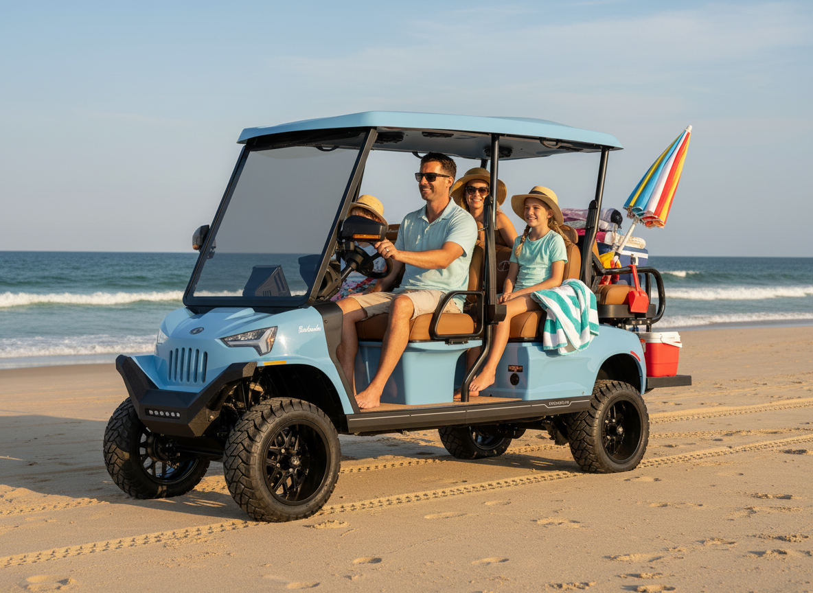 Firefly_GeminiFlash_I want to see Tomberlin Beachcomber parked on a beach with a family in it with beach  370810